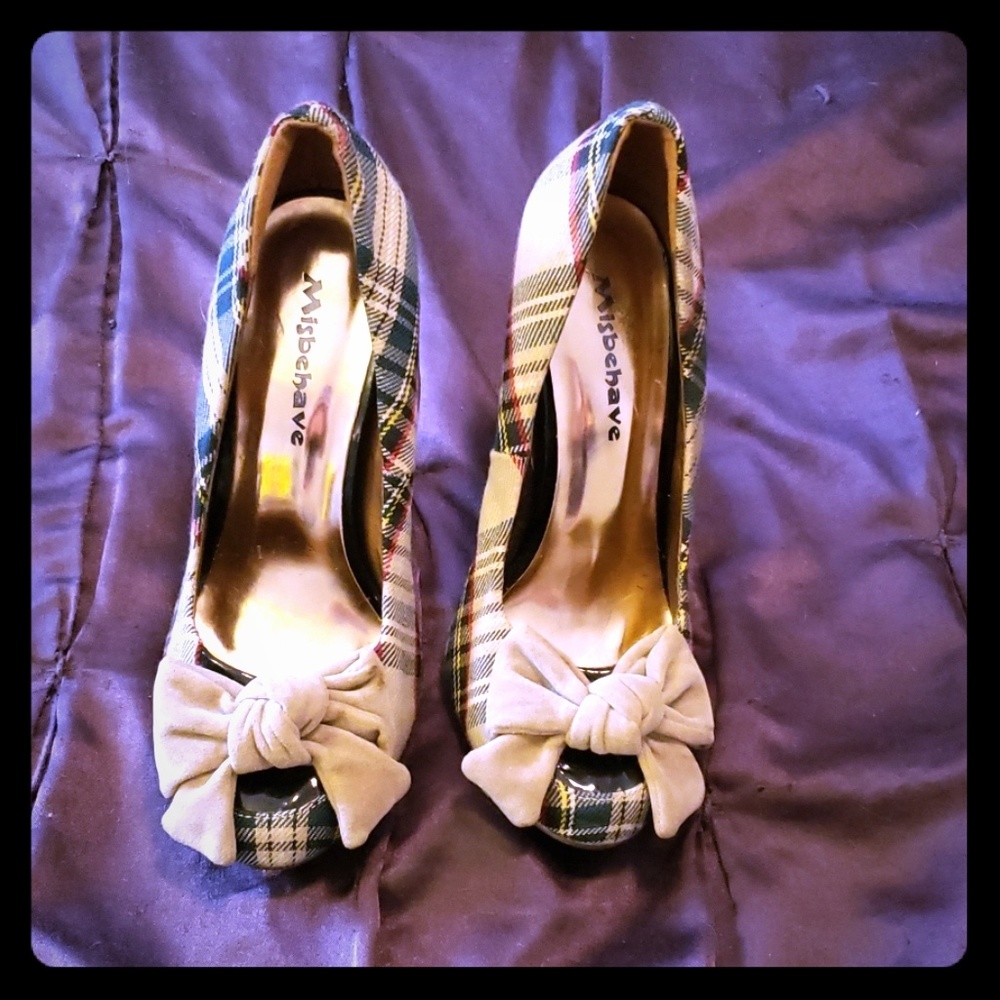 Misbehave beige plaid peeptoe heels